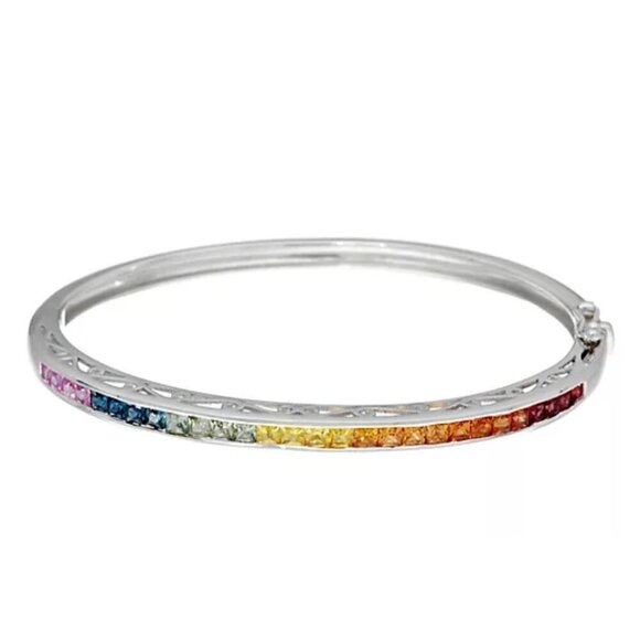 Princess Cut Colors of Sapphire Sterling Bangle 3.00 cttw - Picture 3 of 12